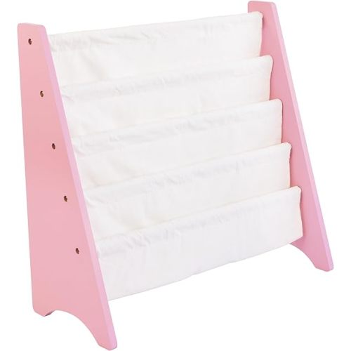 Humble Crew 4-Tier Kids Bookshelf, Pink/White - Premium Book Shelf for Kids Rooms with Four Deep Pockets - Toddler Sling Book Rack with Deep Sleeves, Nursery Bookcase Organize