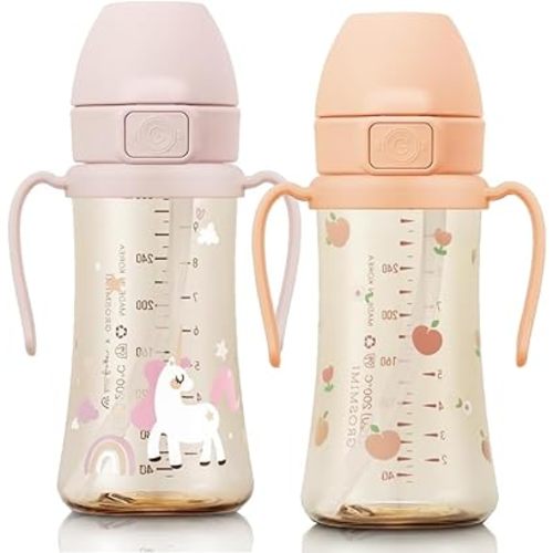 GROSMIMI Flip Top Spill Proof Sippy Cup, PPSU, BPA Free, 10 oz, Stage 2 Straw for Toddlers, 2-pack (Peach Flower & Unicorn)