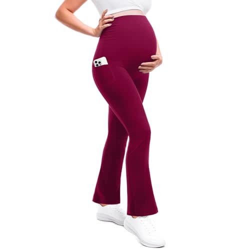 Leafigure Maternity Flare Leggings with Pockets | Pregnancy Pants, Buttery Soft, High Waisted, Over The Belly, Highly Stretchy, Fall Fashion Clothes, Yoga, for Casual Wear