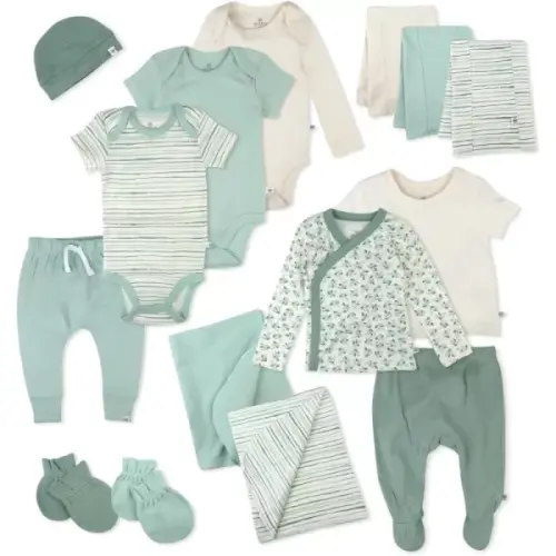 HonestBaby 15-Piece Welcome Home Gift Set 100% Organic Cotton for Newborn Infant Baby Boys, Girls, Unisex(Sage/White) - HonestBaby