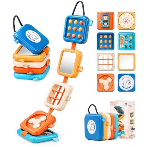 Busy Board for 1 Year Old, Travel Toys for Toddler 1-3 on Plane Car, Montessori Busy Board Busy Cube, Toys for 1 Year Old Boy Girl, Stocking Stuffers for Toddler (Blue)