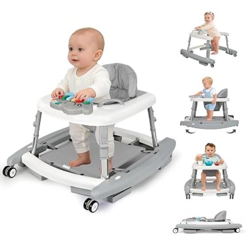 5-in-1 Baby Walker for Boys and Girls Music and Lights 6-18 Months, Foldable Baby Walkers with 5 Adjustable Heights, Infant Toddler Walker with Wheels and Combo Portable(Grey)
