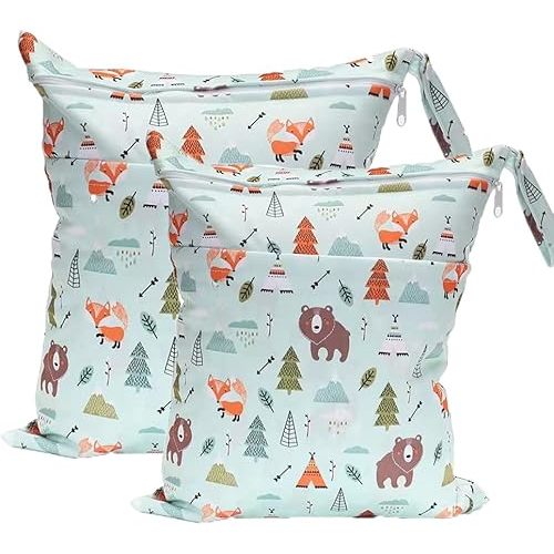 Wet Dry Bag for Cloth Diapers, 2PCS Waterproof Reusable Wet Bag with Zippered Pockets, Washable, Reusable for Travel, Beach, Pool, Stroller, Diapers, Dirty Gym Clothes, Swimsuits, 14x12In & 12x11In