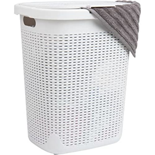 Mind Reader Slim Laundry Hamper with Lid, 50L Clothes Basket, Premium Wicker Design, Plastic, White