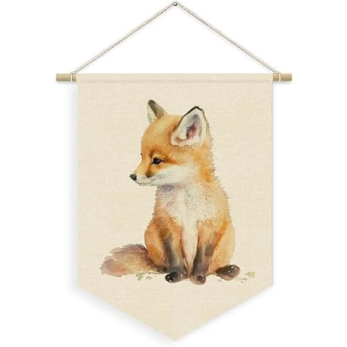 Fox Nursery Decor, Wild Animal Linen Canvas Banner, Fox Safari Nursery Wall Hanging Pennant Flag Banner for Kids Toddler Room Bedroom Playroom Decor, 15x11in