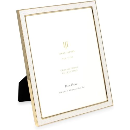 Isaac Jacobs 8x10 White Textured Leather (Vertical & Horizontal) & Gold Metal Picture Frame, with Black Fabric Easel, Wall-Mountable, Made for Tabletop, Home or Office (8x10, White W/ Gold)