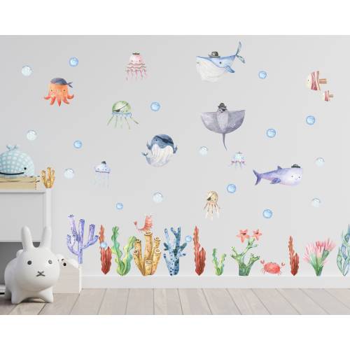 Watercolor Sea Life Wall Decal: Peel and Stick Nursery Mural