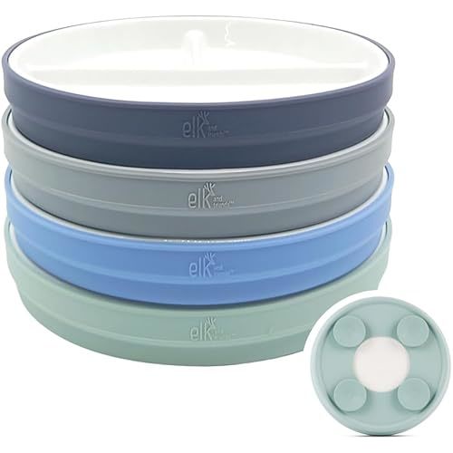 Elk and Friends Kids 7.8” Porcelain Divided Plates with Silicone Suction Sleeves | Suitable for Kids/Toddlers | Microwave & Dishwasher Safe | Non Slip | Snack Dishes | 4 Pack