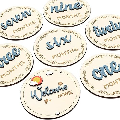 7pcs 3D Baby Monthly Milestone Signs with Hello World Newborn Sign, Baby Age Announcement Markers Disc, Wooden Milestone Cards for Photos, Slate Blue, 1-12 Months, 4"