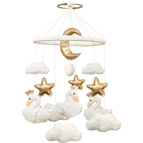 Baby Mobile for Crib Swan Nursery Decor for Girls Handmade Boho Baby Crib Mobile Cloud Moon Star for Infant Bassinet Bedroom Hanging Felt Princess Swan Nursery Room Decor Newborn Gifts