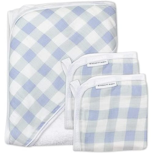 HonestBaby 3-Piece Organic Cotton Hooded Towel & Washcloth Set, Peach Skin Painted Buffalo Check, One Size