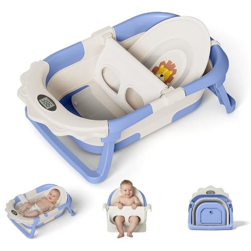 MoreFeel Foldable Baby Bathtub with Thermometer - 4-in-1 Grow-with-Me Collapsible Infant Tub (Newborn to Toddler) with Adjustable Mesh Sling - Space Saving Design