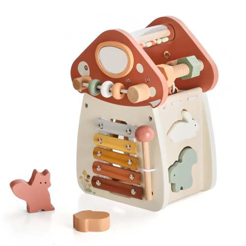 Wooden Activity Cube, 11-in-1 Montessori Sensory Toys for 18+ Months Toddlers, Multipurpose Educational Busy Board, Perfect First Birthday Gift for Boys & Girls(Mushroom))