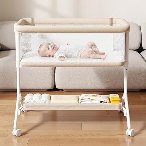 Bassinet Bedside Sleeper - All-Mesh Design, Portable Bedside Bassinet for Baby with Washable Mattress, 5 Adjustable Heights（Beige）