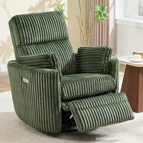 Power Recliner Nursery Swivel Rocking Glider Chair,Upholstered Adult Recliner Nursing Rocker Chair with USB Port with 2 Pillows for Nursery Living Room Bedroom(Green Corduroy,Power-Driven)