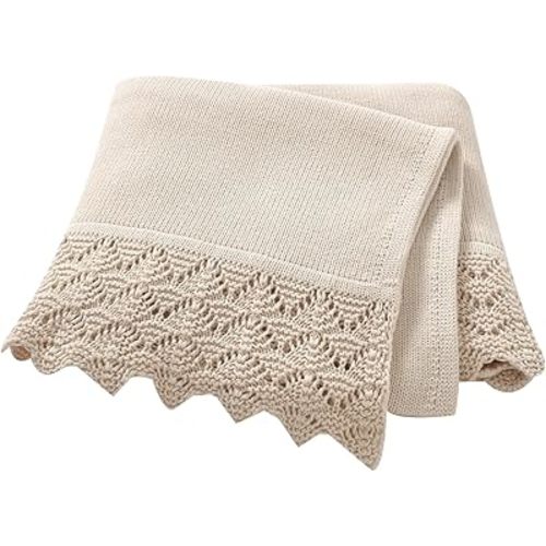 Hadetoto Baby Blanket Soft Cozy Cotton Cable Knit Crochet Receiving Crib Nursery Swaddling Blankets for Newborn Boys Girls (Baby Beige)