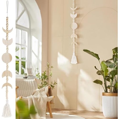 Wooden Moon Phase Wall Hanging, Celestial Bedroom Decor Aesthetic Boho for Home (Beige)