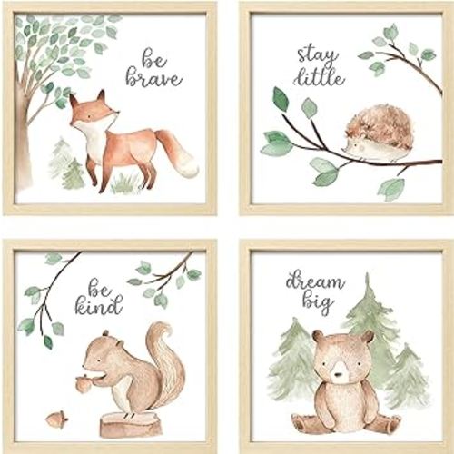 ArtbyHannah Framed Woodland Nursery Wall Decor, 10x10 Inch Cute Baby Safari Wall Art, Green Kids Art Frame with Forest Animals Prints for Playroom Classroom Bathroom Baby Shower Decoration(4 Pack)