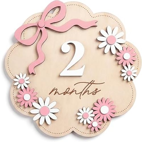 Baby Monthly Milestone Signs, 6 inch Wooden Disc with Interchangeable Numbers 1-12, Double-Sided Month Months, Pink Floral with Bow, Hello World Newborn Birth Announcement Sign (Flower)