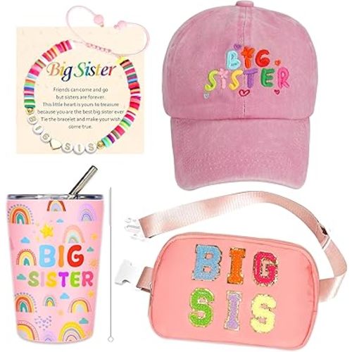 Big Sister Gifts for Girls – 4PCS Big Sister Gift Set with Cap, Fanny Pack, Tumbler & Bracelet – Birthday Present or New Baby Sibling Gift