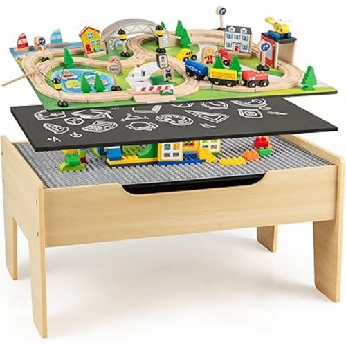 Train Table, Kids Activity Table with 78 Pieces & Storage Compartment, Toddler Wooden Train Table Set with Track Map, Chalkboard & Building Block Baseplate, Gift for 3+ Years Boys & Girls