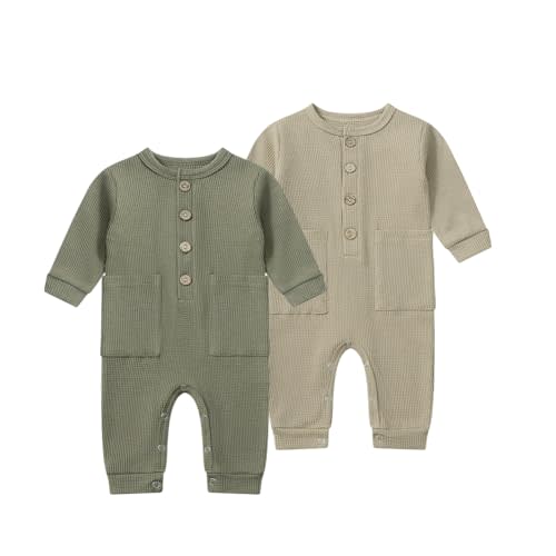 BeiVSlley Newborn Baby Boy Girl 2 Pack Button Solid Romper Infant Long sleeve Knit Cotton Footless Outfits Clothes