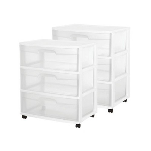 Sterilite 2 Pack 3 Drawer Wide Storage Container, Clear Plastic Rolling Cart Bin