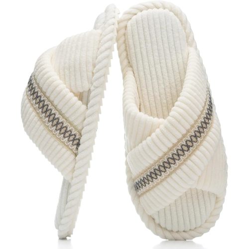 Slippers for Women Memory Foam House Bedroom Corduroy Crossbands Open Toe Slides Sandals Shoes Comfy Trendy Gift for womens Anti-Skid sole