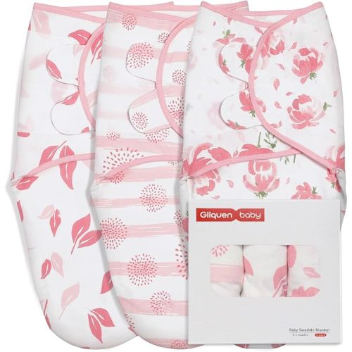 GLLQUEN BABY Organic Girl Swaddle Blankets, Adjustable Infant Swaddle,Newborn Swaddles for 0-3 Months, Ergonomic Baby Sleep Sack,Pink Floral or Dandelions or Leaves,Swaddling Blankets 3 Pack Wrap Set