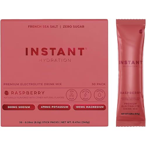 Instant Hydration Electrolytes Powder Packets - Raspberry Electrolyte Drink Mix - Zero Sugar - Keto, Vegan, Gluten-Free, Non-GMO - Boost Recovery, Brain Health, Muscle & Tissue Support- 30 Sticks
