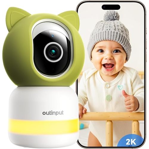 Outinput Baby Monitor with Camera and Audio, 2K 4MP Indoor Security Camera for Home, 360° PTZ, AI Crying & Feeding Alerts, Night Vision with Gentle Light, Soothing Lullabies, 2-Way Audio