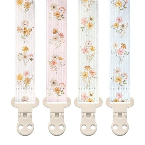 Stadela Baby Fabric Pacifier Clip Holder, Plastic Clip, 4‑Pack, Wildflowers Pattern, Charlotte Set