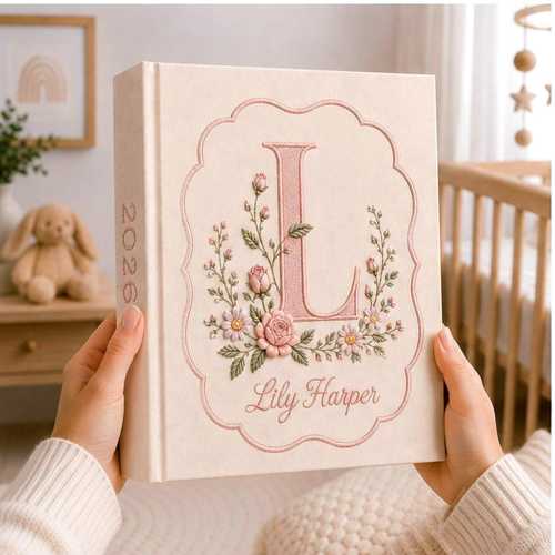 Embroidered Baby Memory Book, Custom Floral Initial Photo Album, Baby Girl Photo Album, Newborn Gift, Baby Shower Gift, First Year Book