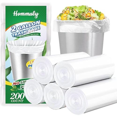 Hommaly 2 Gallon 200 pcs Small Clear Trash Bags(Fit1.8-2 Gal), Strong 1.8 Gallon Garbage Bags, Bathroom Trash Can Bin Liners Unscented, Mini Plastic Bags for Office,Waste Basket Liner,Fit 6,7,8 Liters