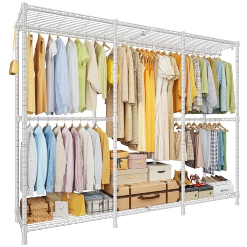 ULIFHOME E14 Heavy Duty Clothes Rack，Freestanding Clothing Racks for Hanging Clothes，Adjustable Closet Organizers and Storage，Metal Garment Rack with Shelves 69" W x16 D x77 H，Max Load 960LBS，White