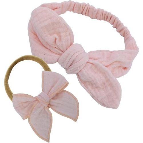 Sugarmelon Original Cotton Gauze Headband for Newborn Toddler Infant Baby Girl Kids Muslin Cotton Hair Bow Headbands Turban Elastic Hair Bands (2 pcs Light Pink)