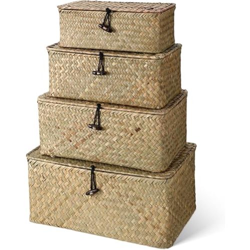 Woanger Set of 4 Wicker Storage Baskets Organizer，Handwoven Storage Bins with Lid for Organizing, Home Utility Box for Home Office Supplies Multipurpose Container(Natural Color)
