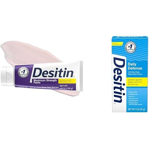 Bundle of Desitin Maximum Strength Paste, 40% Zinc Oxide, Diaper Rash Healing Ointment, 4.8 Oz Tube + Desitin Daily Defense Baby Diaper Rash Cream, 13% Zinc Oxide, Travel Size, 2 Oz Tube