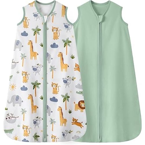 Baby Sleep Sack 6-12 Months 0.5 TOG, 100% Cotton Baby Wearable Blanket 2 Pack with 2-Way Zipper, Lightweight Sleep Bag for Boys & Girls Newborn Infant Breathable Sleeing Sack Green Animal