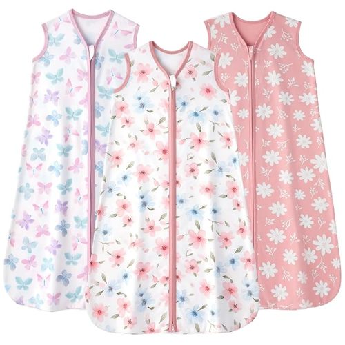 Baby Sleep Sack 6-12 months, 100% Cotton Sleeping Sack for Newborn and Infant, 3 Pack Baby Wearable Blanket, 0.5 Tog Lightweight Double Zipper Sleep Bag Medium Pink Butterfly Flower