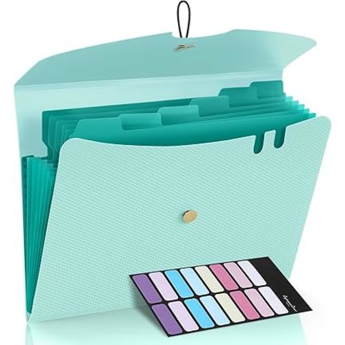 Sooez 7 Pocket Expanding File Folder, Premium Accordion File Organizer, Letter Size Folders for Documents, Sleek Filing Folders with Bungee Closure, Portable Folders for School Office Supplies, Green