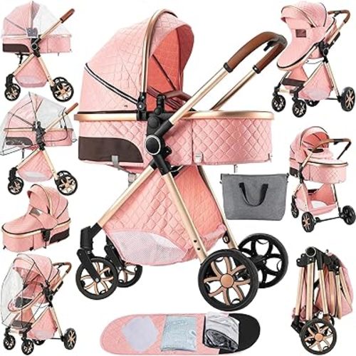 2 in 1 Baby Stroller Reversible Portable Standard Stroller Convertible Pushchair Infant Buggy Baby Carriage Foldable High Landscape Pram for Toddler Newborn (225 Pink)