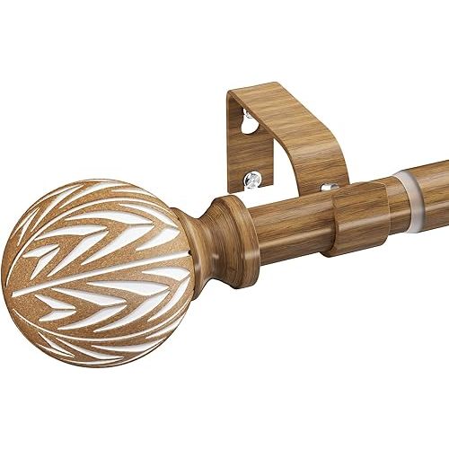 Wood Curtain Rod Adjustable, 18 to 45 Inch Boho Curtain Rods for Windows Heavy Duty Decorative Drapery Rods with Wood Grain Finial for Living Room Bedroom Kitchen Farmhouse