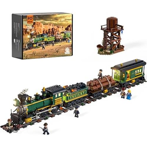 Funwhole Wild West Freight Train Lighting Building-Bricks Set - Classic 4-4-0 Locomotive Model 1524 Pcs Ideas Kit for Adult and Teens