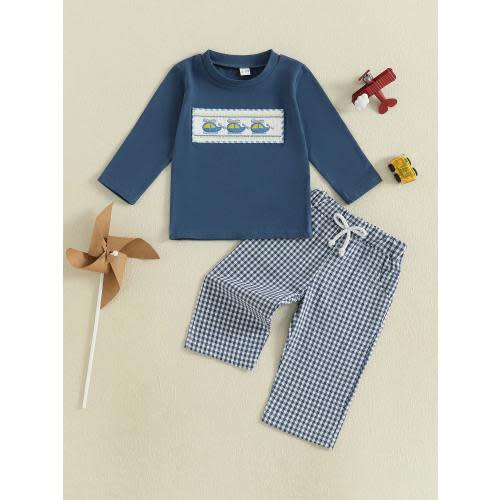 Toddler Infant Baby Boy Fall Clothes Airplane/Boat Embroidery Long Sleeve Shirt Top Plaid Pants Outfit | SHEIN USA