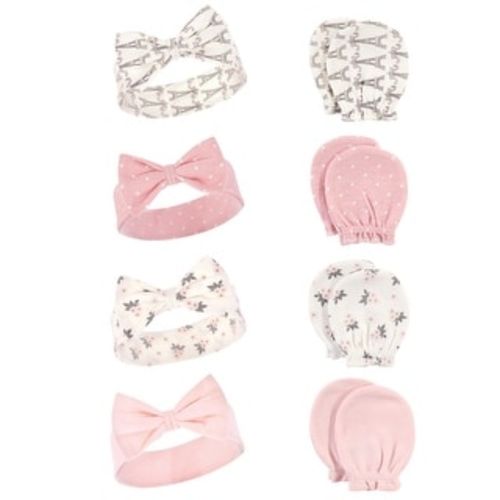 Hudson Baby Infant Girl Cotton Headband and Scratch Mitten Set, Paris, 0-6 Months - Paris