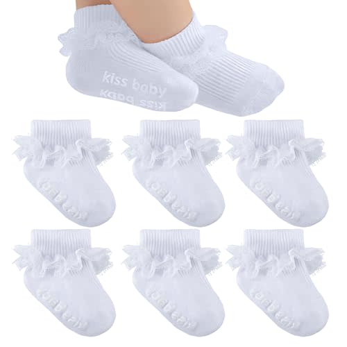 Baby Girl Ruffle Socks with Grips Lace Frilly Ankle Dress Socks | Cute Cotton Infant Ruffled Socks Non Slip Turn Cuff for Newborn 0-6 6-12 Months Toddler Little Girl Easter Photoshot Outfit