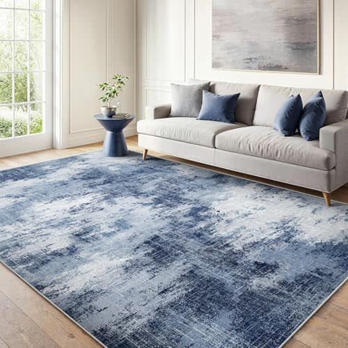 6x9 Area Rugs for Living Room, Modern Abstract Washable Rug with Non-Slip Backing & Low Pile Indoor Carpet for Nursery Room, Bedroom and Dinning Room, Dark Blue