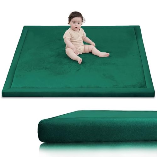 Baby Play Mat for Floor,1.3" Thick Elasti-Foam 50x50 Playpen Mats for Toddlers Infant Kids,Water-Repellent Soft Coral Velvet Tummy Time,Non Slip Crawling Rug,Tatami Mats(Dark Green)