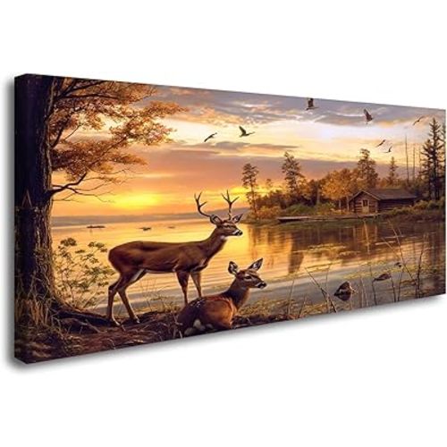 Ardakar Golden Rustic Animal Deer Canvas Print Framed Vintage Wildlife Home Decor Livingroom Decorations Wall Art (Framed, 40" L x 20" W)